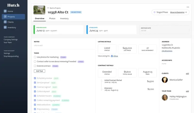 The Hutch project view shows everything in one simple view: address, key dates, team, client, listing status, contract status, todos. Photo management and inventory management both have their own tabs for focused work.